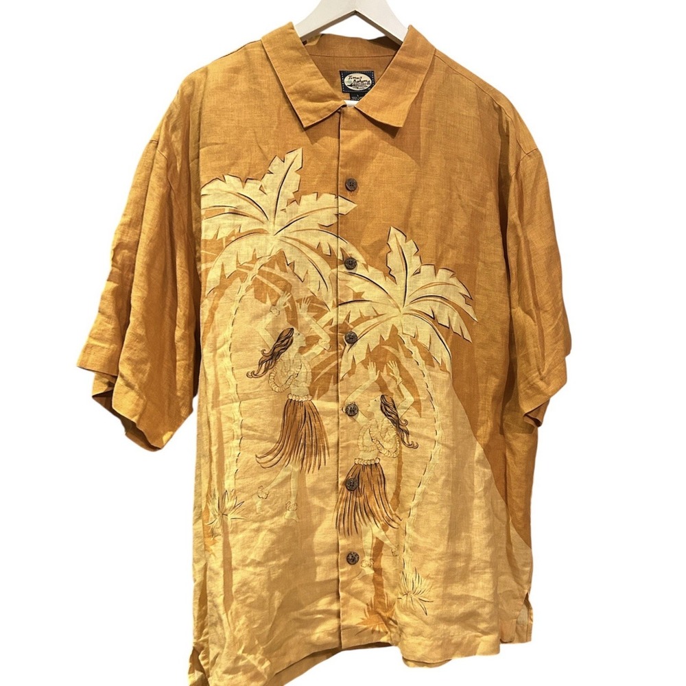 Tommy Bahama Shirt Mens L Linen Hula Girls Aloha Tiki‎ Ukele Camp Hawaiian